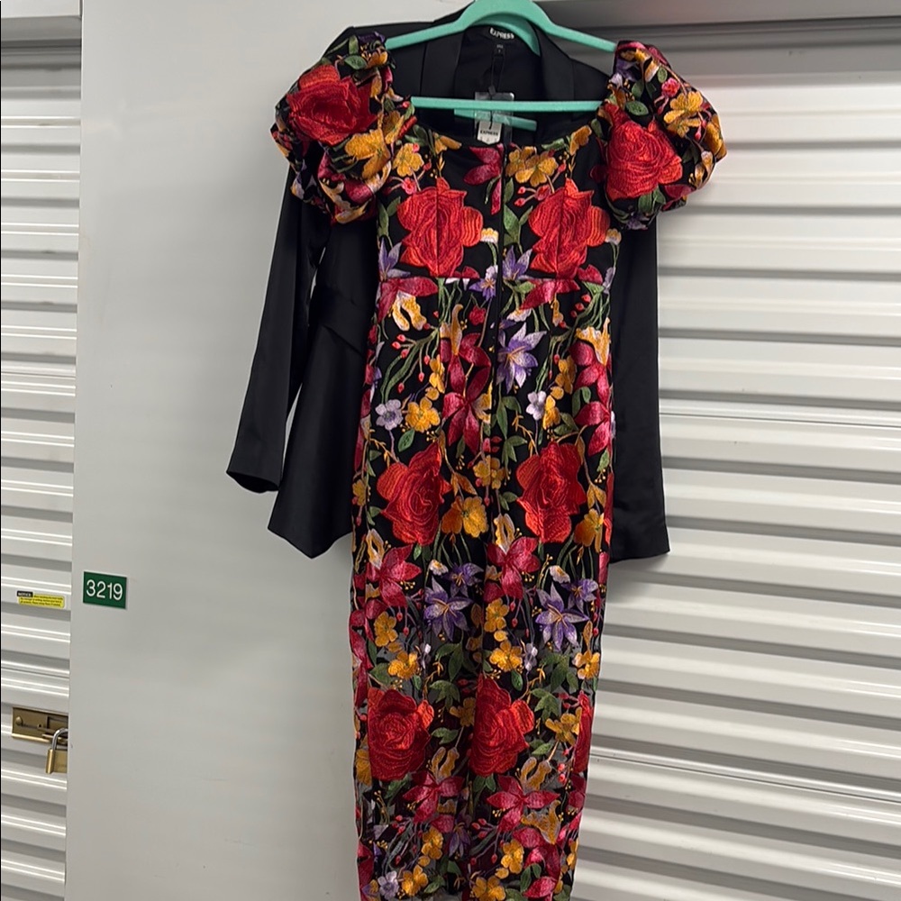 Milly Black Dress with Red and Orange Floral Design
